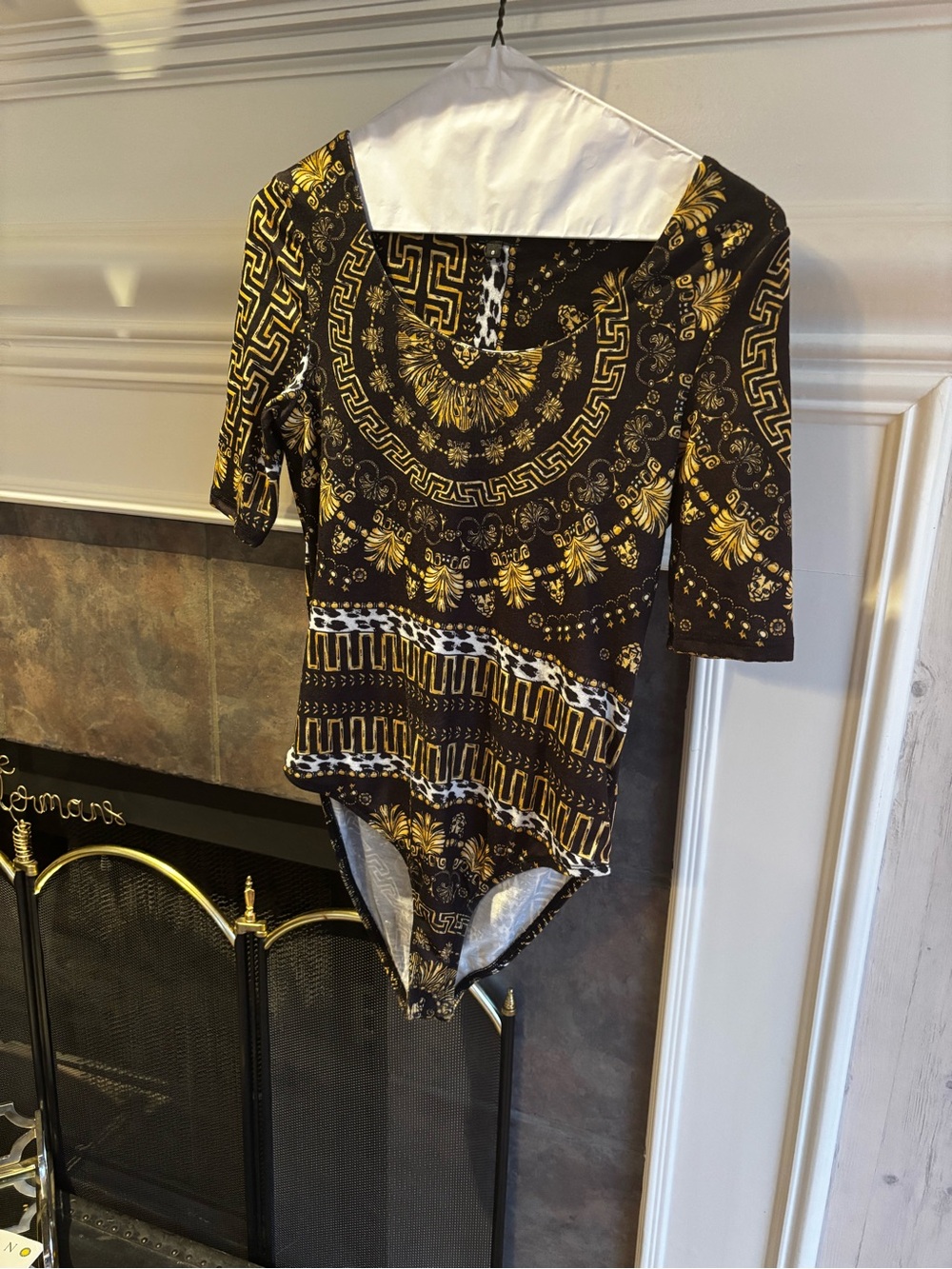 River Island Black and Gold Greek Key Patterned Stretch Jersey Bodysuit